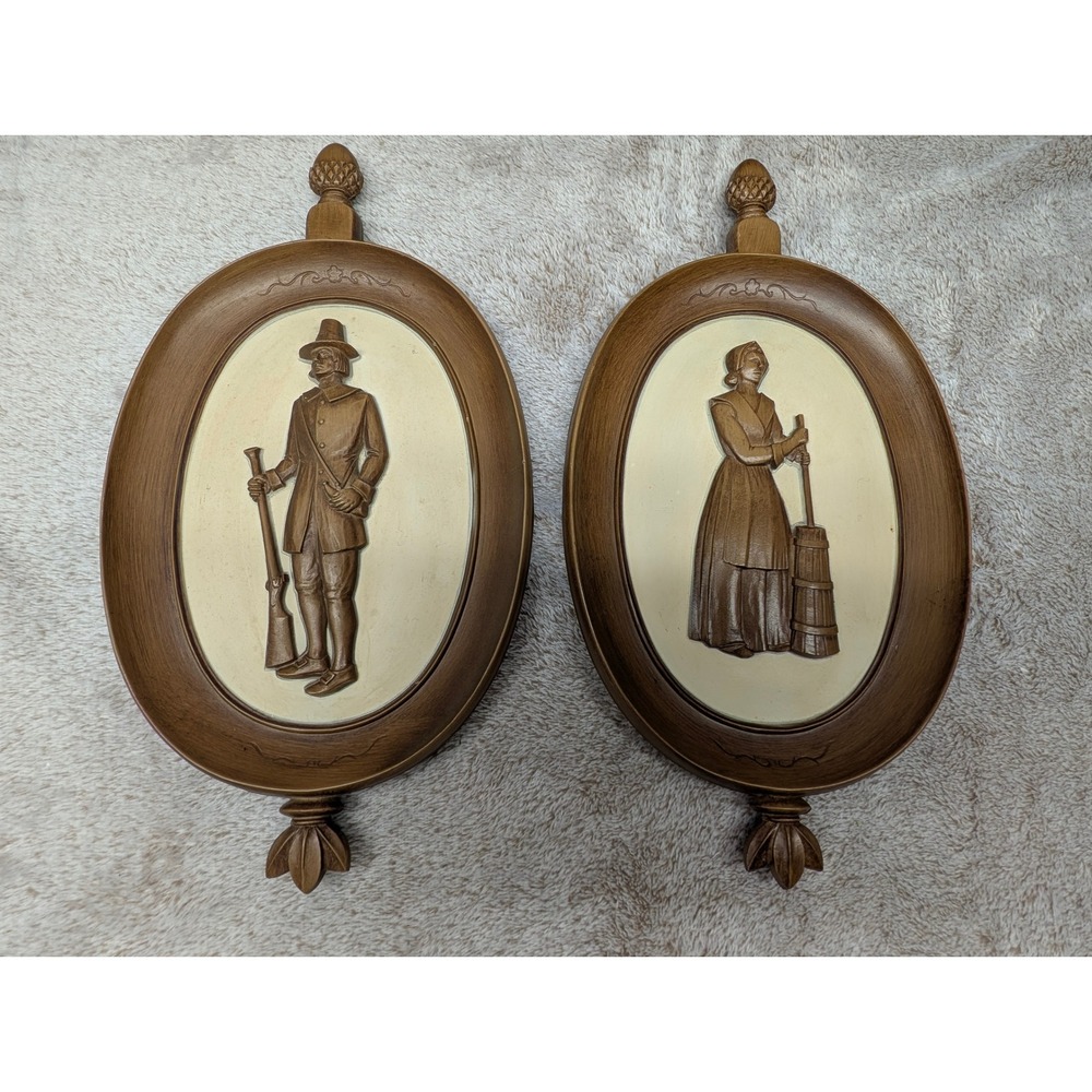 Vintage Syroco Colonial Man and Woman Wall Plaques 4777 A B Mid Century Decor